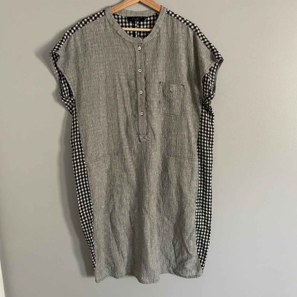 Ruti Tunic Dress Womens 4 Black White Gingham Striped Lagenlook Shift Coastal
